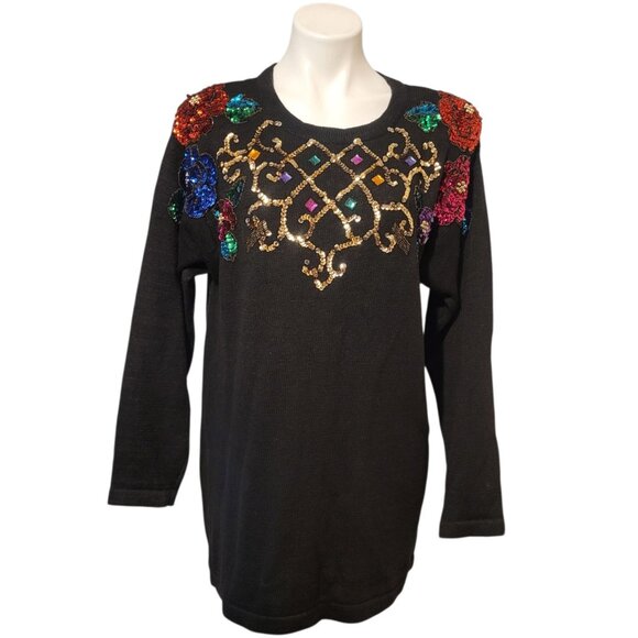 SML Glitz Sequin Sweater Black With Colorful Beading Size Medium 80s - Picture 1 of 6